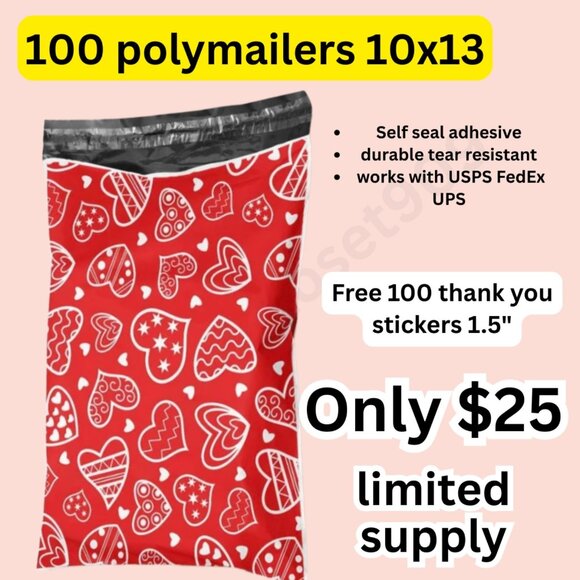 Custom Variety Pack Other - Poly mailers heart design size 10x13 100pc free stickers